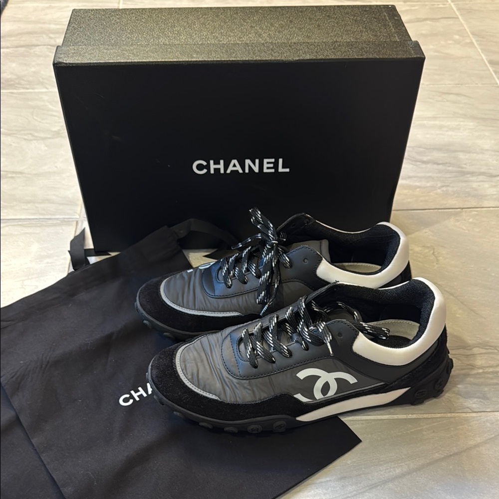 CHANEL Men's Black and White Sneakers REV G34086Y51503 Nylon/CalfSkin Size 41